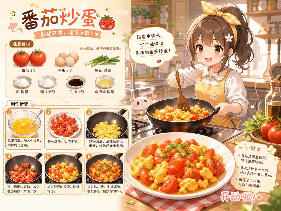 陈美娇生活技能动漫-番茄炒蛋动漫教程演示·家常菜入门